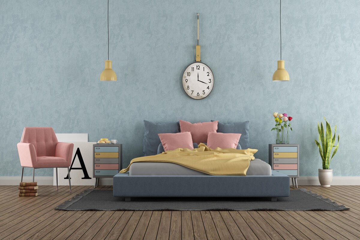 Pastel Blue Master Bedroom Design Displaying Industrial Look Pastel Blue Master Bedroom Design Displaying Industrial Look