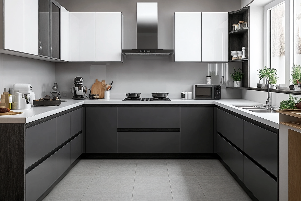 Modern Modular U-Shaped Kitchen With White And Grey Kitchen Cabinets