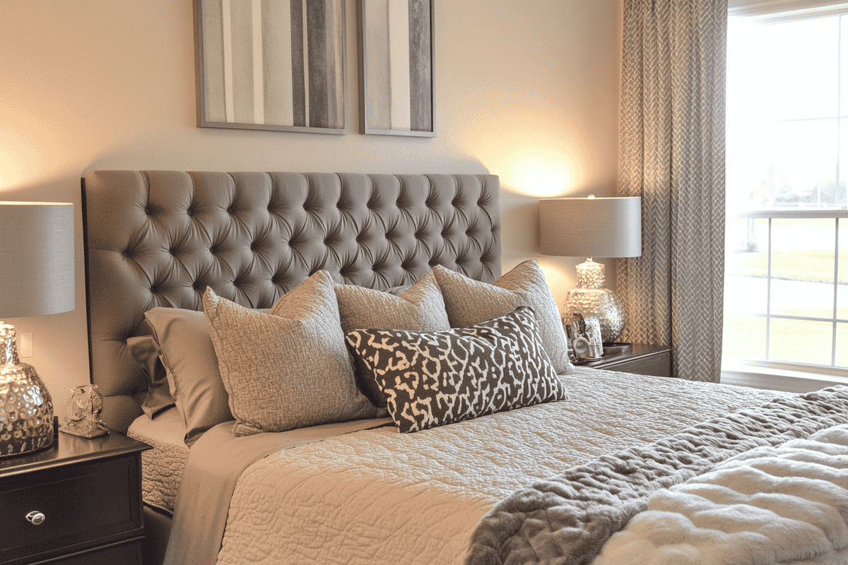 Modern Master Bedroom Design With Grey Fabricated Headboard King Bed