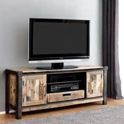 Rustic TV Unit Design in Black with Wooden Accents and Grey Rug