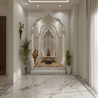 Traditional Floor-Mounted Pooja Room Design With CNC Cut Wall And White Panels