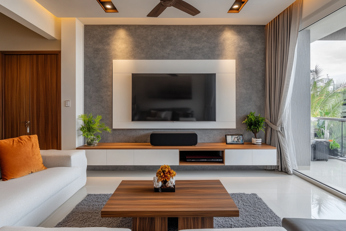 Modern White And Wood Wall-Mounted TV Unit Design With Grey Textured Wall