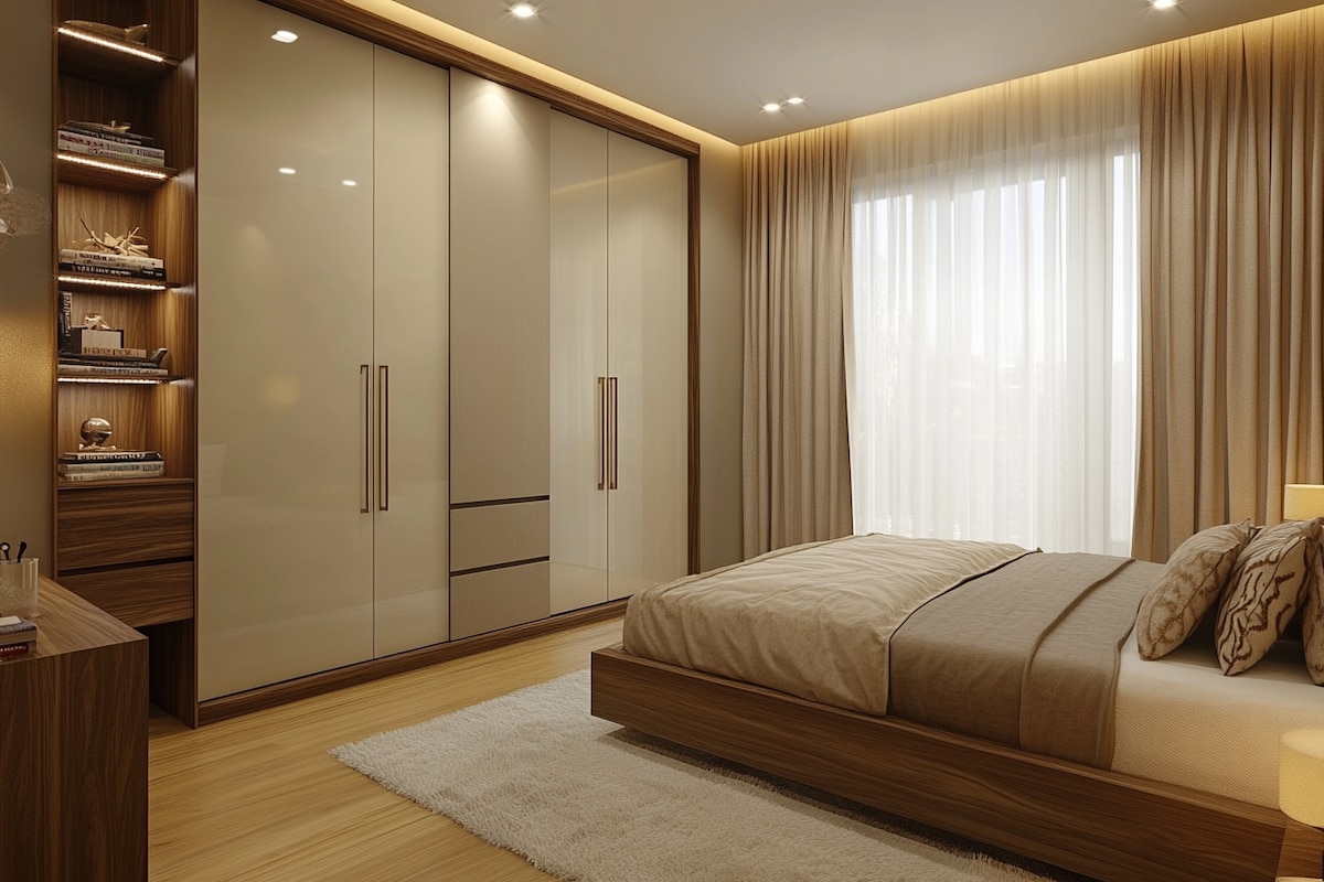 Modern 4-Door Swing Wardrobe Design with Open Shelf