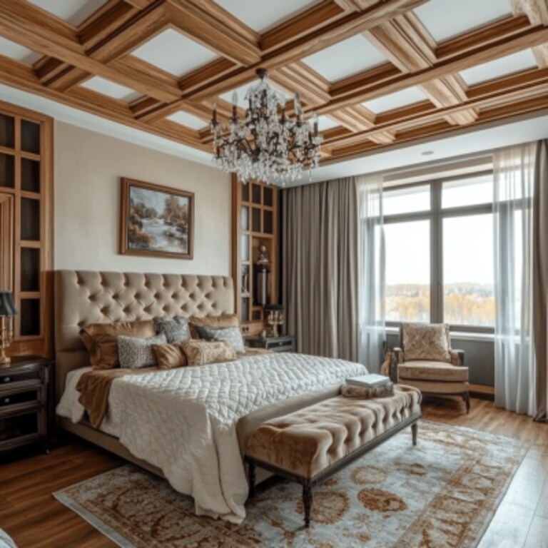 Vintage Coffered False Ceiling Design For Bedroom With Wooden Beams