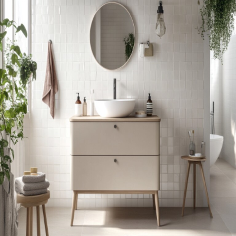 Scandinavian Bathroom Design With Floor-Mounted Beige Vanity Unit