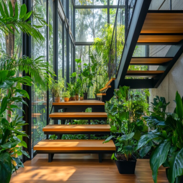 Tropical L-Shaped Staircase Design with Metal and Wood Materials