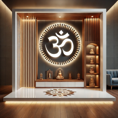 Modern Floor-Mounted Wood And White Mandir Design With Backlit Om Mandala