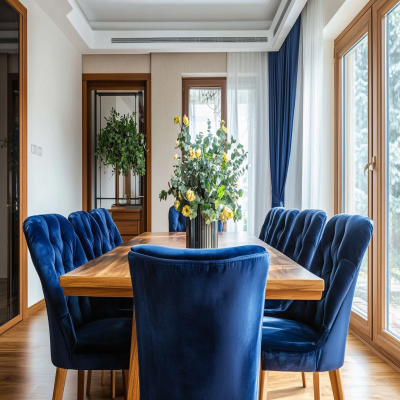 Modern 6-Seater Wooden Dining Room Design With Navy Blue Tufted Chairs