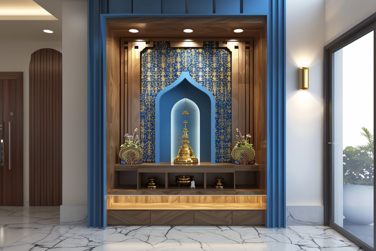 Modern Blue And Wood Wall Mounted Pooja Room Design