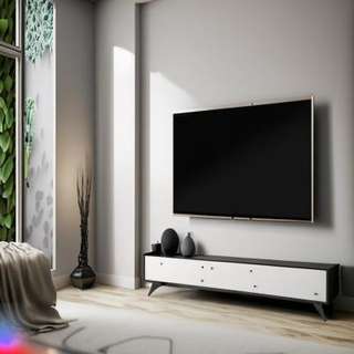 White and Black TV Unit Design with Accent Wall