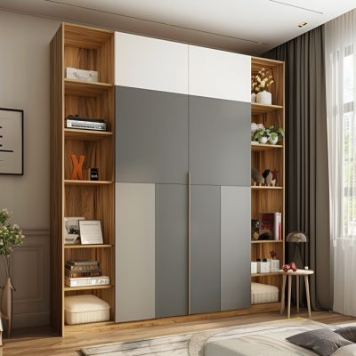 Modern 3-Door Grey And White Swing Wardrobe Design With Wooden Open Shelves