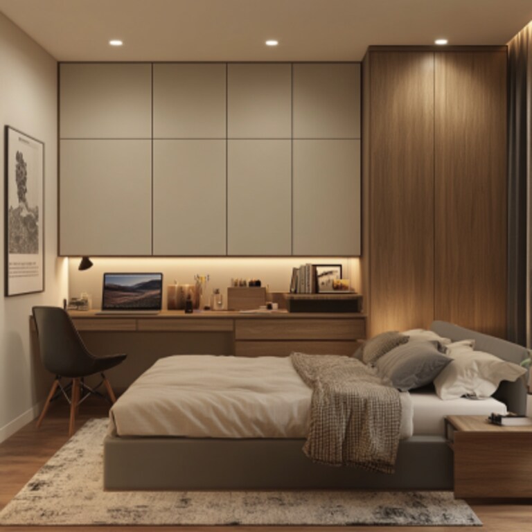 Modern Master Bedroom Design With Double Bed Study and Wardrobe