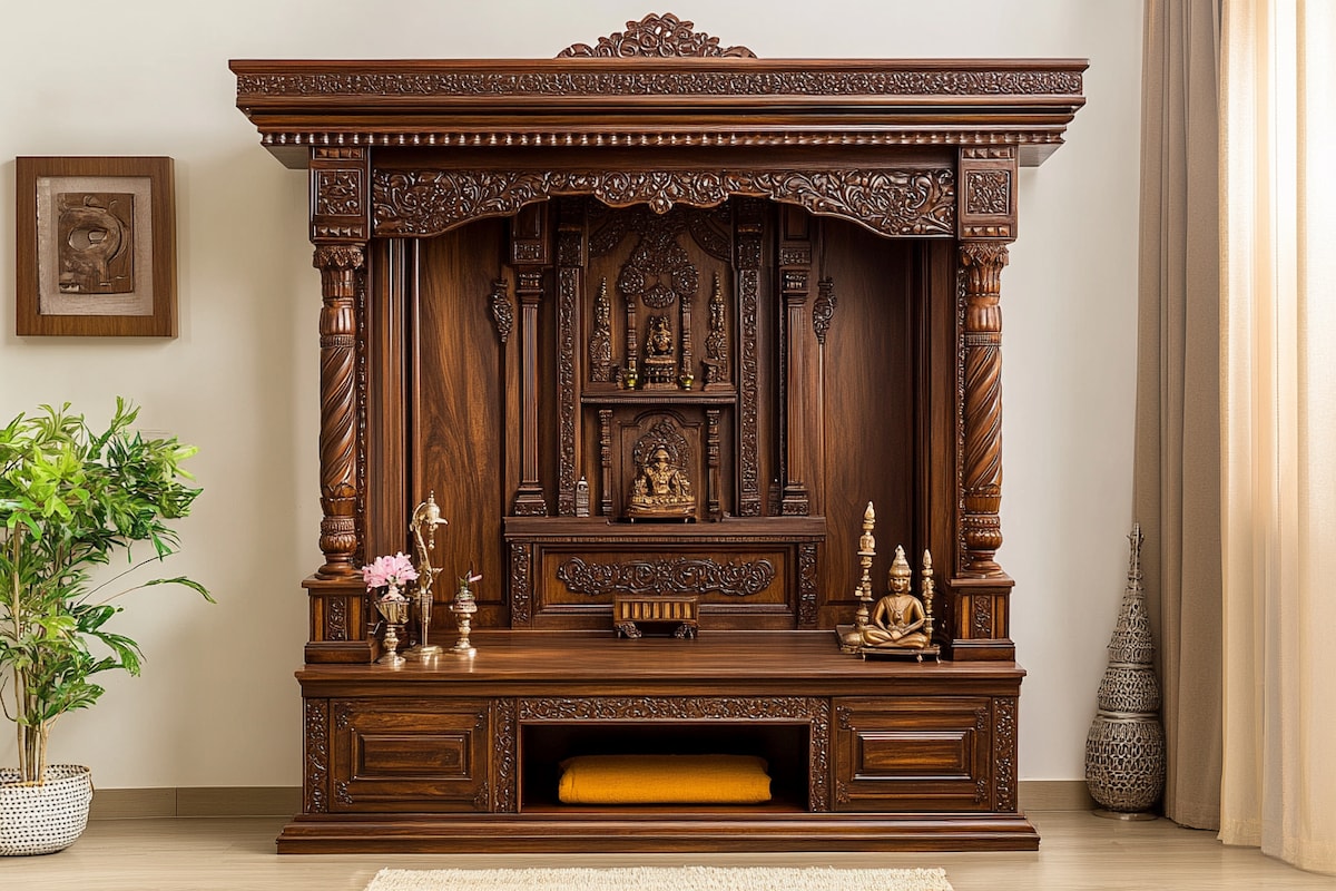 Traditional Mandir Design With Wooden Unit