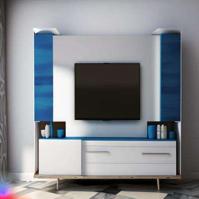 Modern TV Unit Design in White and Blue Laminate with White Flooring