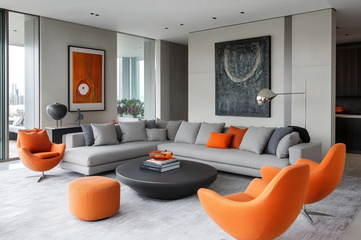 Modern Living Room Design With Grey Sofa and Orange Chairs