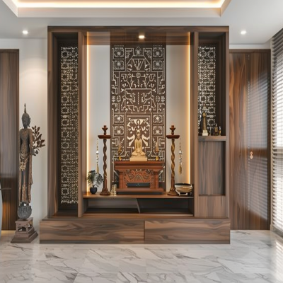 Modern Pooja Unit Design With Mystic Walnut Laminates And Ornate Partition Wall