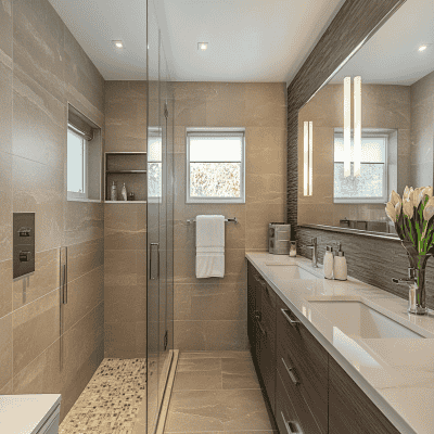 Compact Modern Bathroom Design With Glass Partition and Vanity Unit