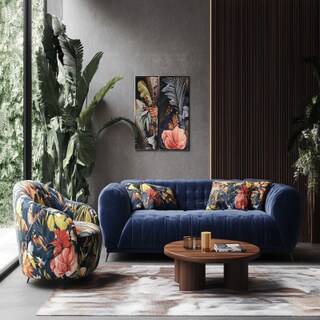 Contemporary Living Room Design With Dark Blue Sofa And Floral Accent Chair