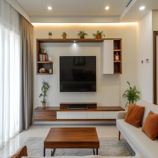 Modern TV Unit Design in Brown and White Tone with Open Shelf