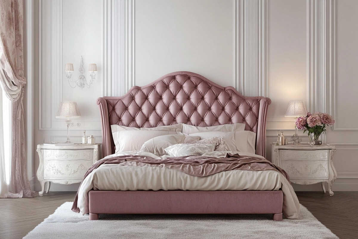 Classic Bedroom Design With Suede Light Pink Headboard