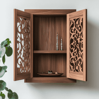 Modern Wall-Mounted Pooja Unit Design with CNC Jali Door