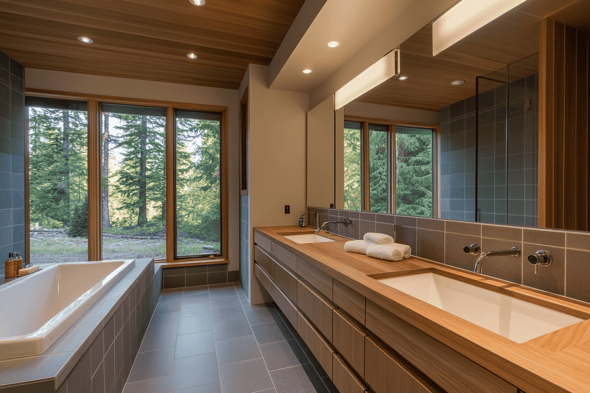 Modern Bathroom Design with Grey Tiles And Wooden Vanity