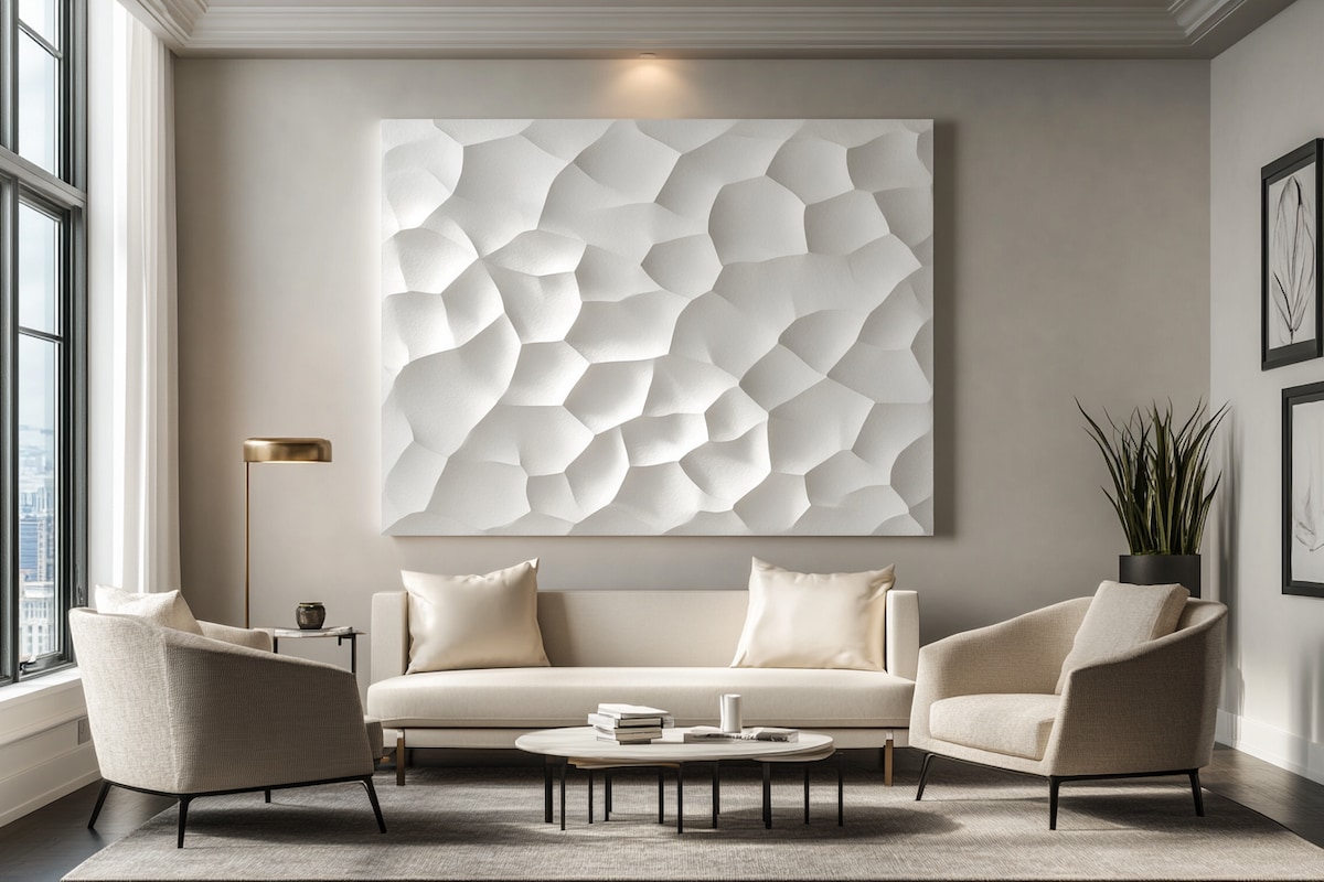 Contemporary White 3D Rectangular Living Room Wall Design With Wall Trims