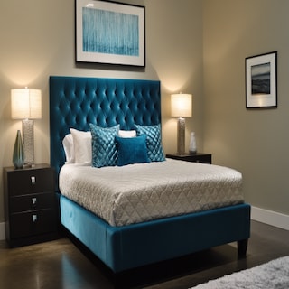 Modern Bedroom Design With Teal Blue Headboard