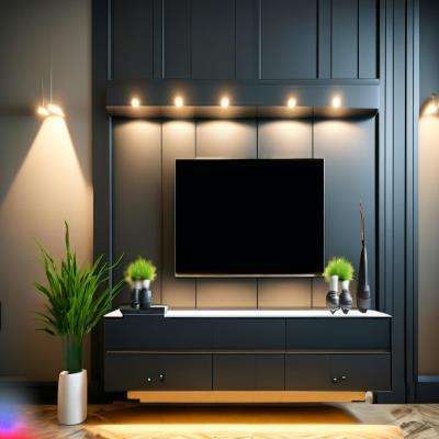 Modern TV Unit Design Black Laminate With LED Lighting