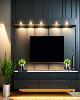 Modern TV Unit Design Black Laminate With LED Lighting