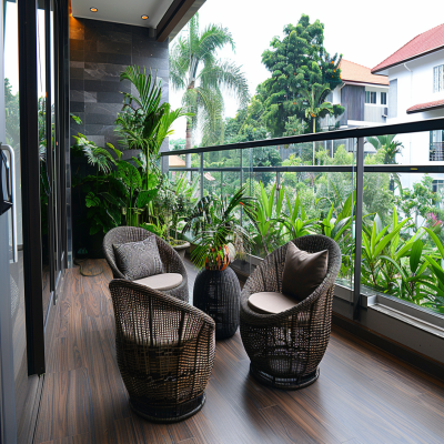 Modern Balcony Design With Dark Woven Chairs