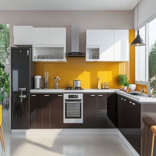 Modern Modular L-Shaped White Kitchen Design With Yellow Backsplash