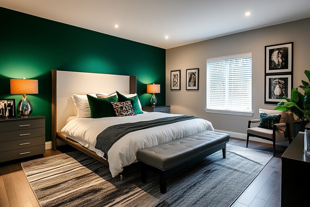 Contemporary Emerald Green Master Bedroom Design With White And Grey