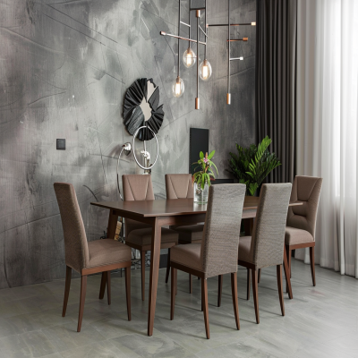 Modern 6-Seater Brown Dining Room Design With Grey Textured Wall