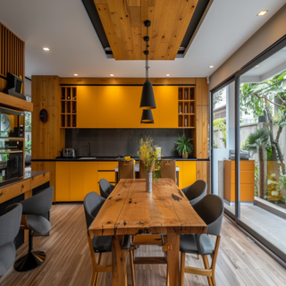 Modern 6-seater Dining Room Design With Cream And White Accent Wall And Trims