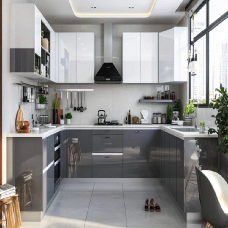 Contemporary U-Shaped Kitchen Design with Grey, Glass, and White Units