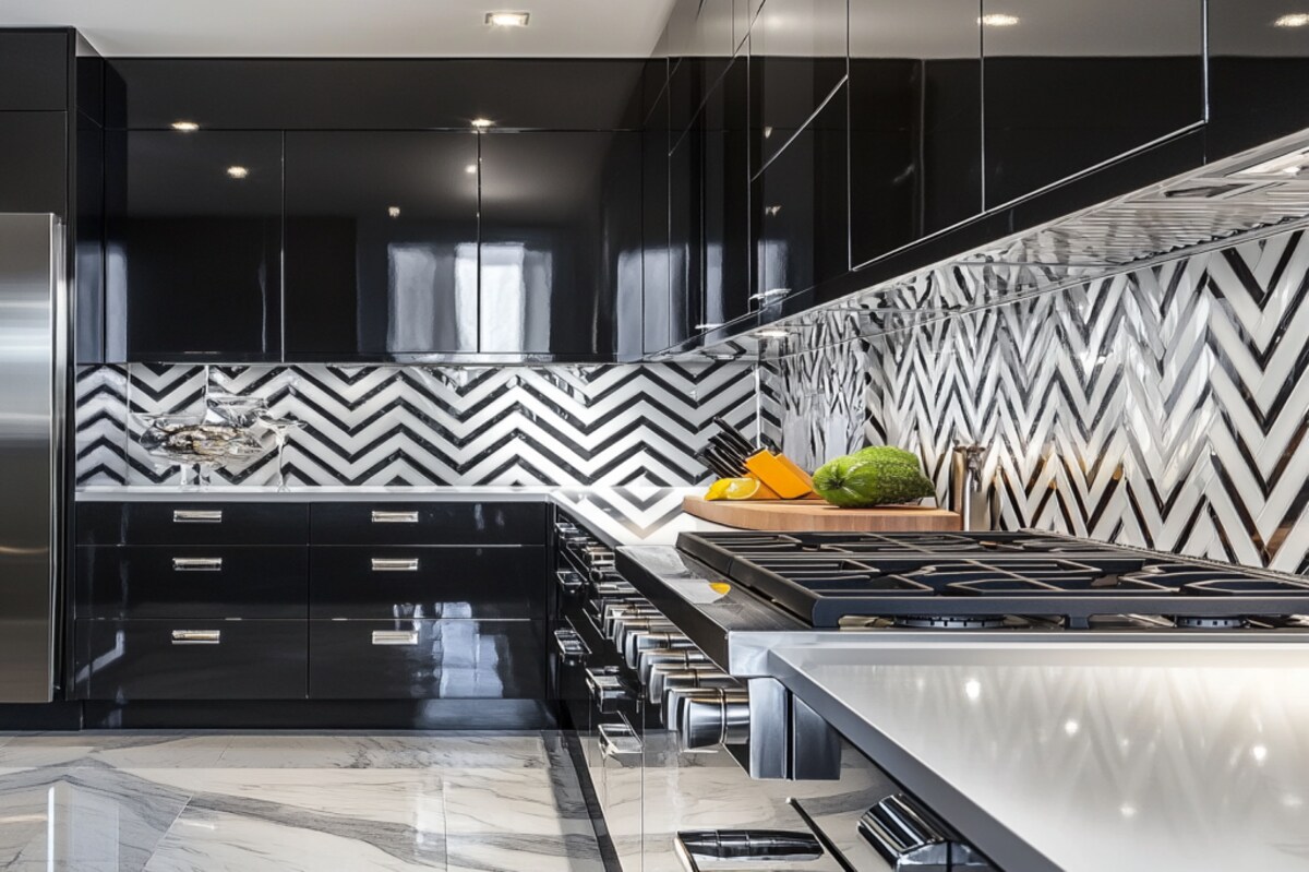 High Gloss White and Black Chevron Ceramic Tiles Design for Kitchens