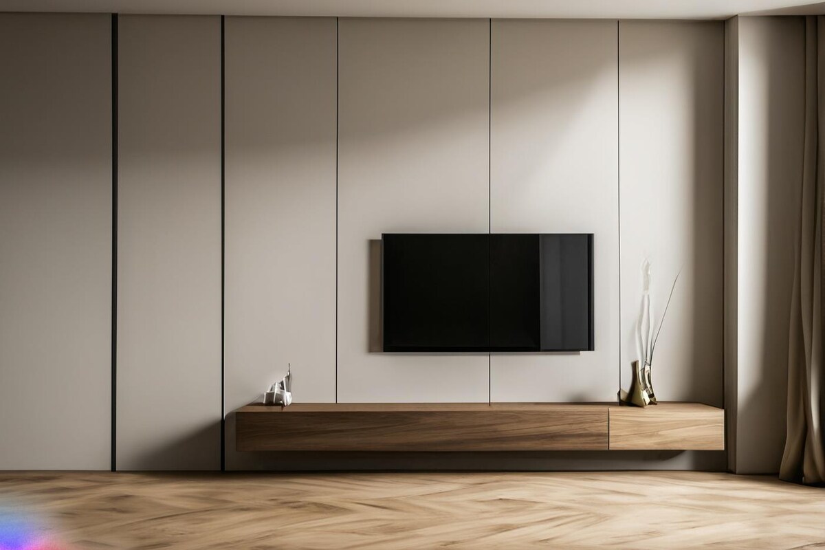 Modern Minimalist TV Unit Design With Wooden Laminate Modern Minimalist TV Unit Design With Wooden Laminate
