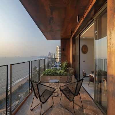 Minimal Closed Balcony Design In Brown With Black Metal Accent Chairs