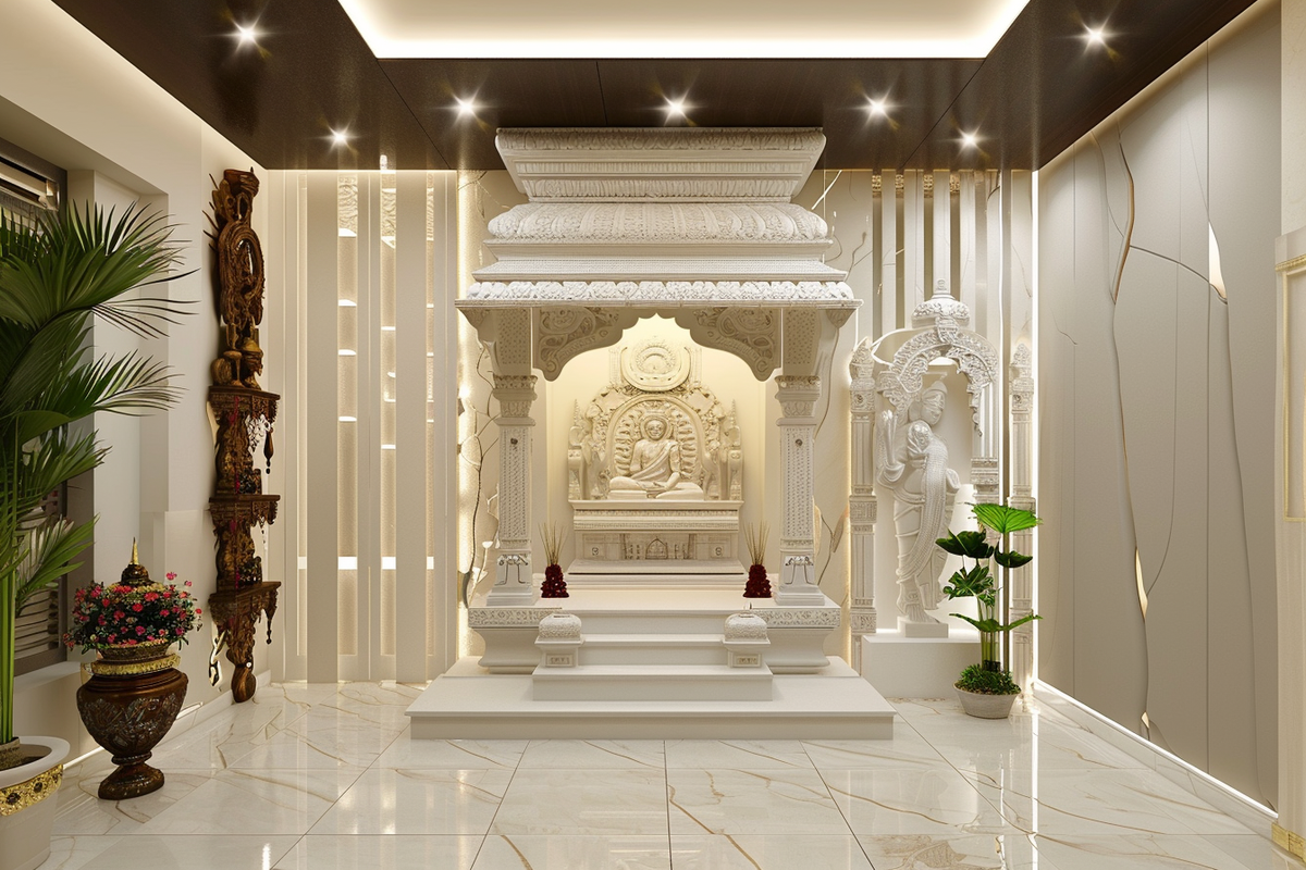 Contemporary Frosty White Floor-Mounted Mandir Design