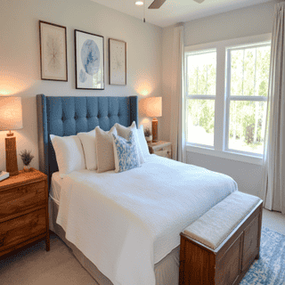 Minimal Master Bedroom Design with Blue Headboard King Bed