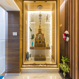 Contemporary Wooden Mandir Unit With Glass Shutter And Acrylic Backdrop