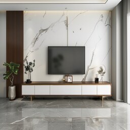 Modern Grey And Black Wall-Mounted TV Unit Design With Marble Accent Wall