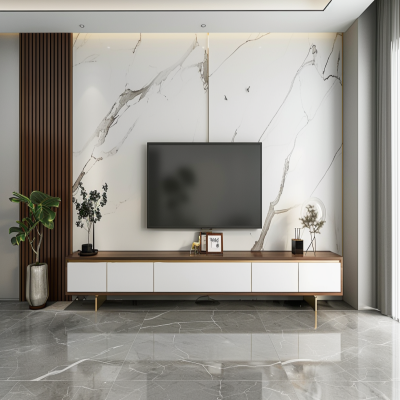 Minimal White And Brown Floor-Mounted TV Unit Design