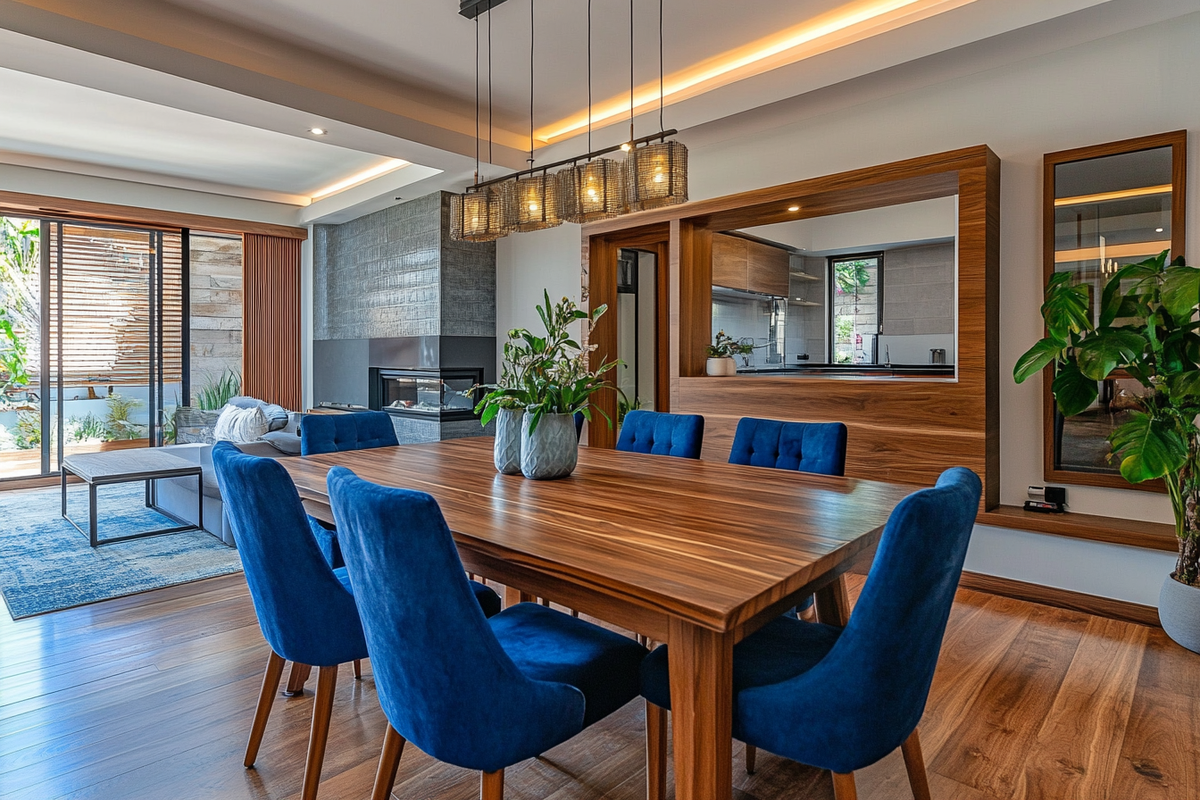 Contemporary 6-Seater Wooden Dining Room Design With Blue Seating