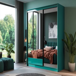 Modern 2-Door Sliding Door Mirrored Wardrobe Design In Aqua Green