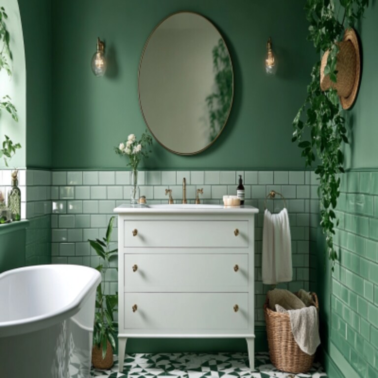 Art Deco Green And White Bathroom Design With White Vanity Unit