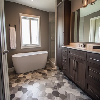 Contemporary Brown And Grey Bathroom Design With Hexagon Tile Design