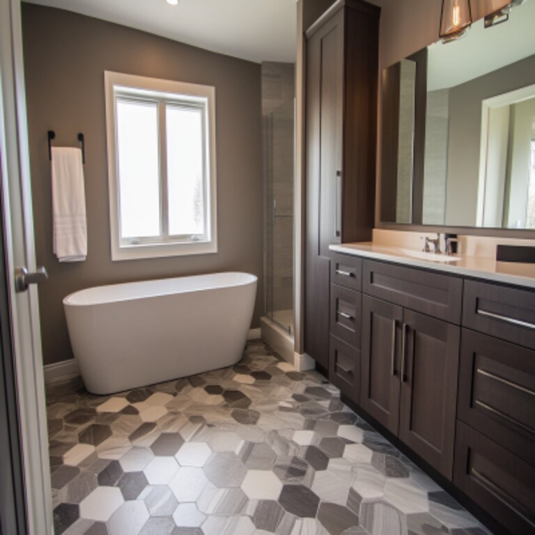 Contemporary Brown And Grey Bathroom Design With Hexagon Tile Design