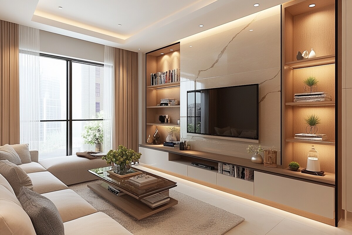 Modern Wall Hung TV Unit Design with Wall Shelf Unit